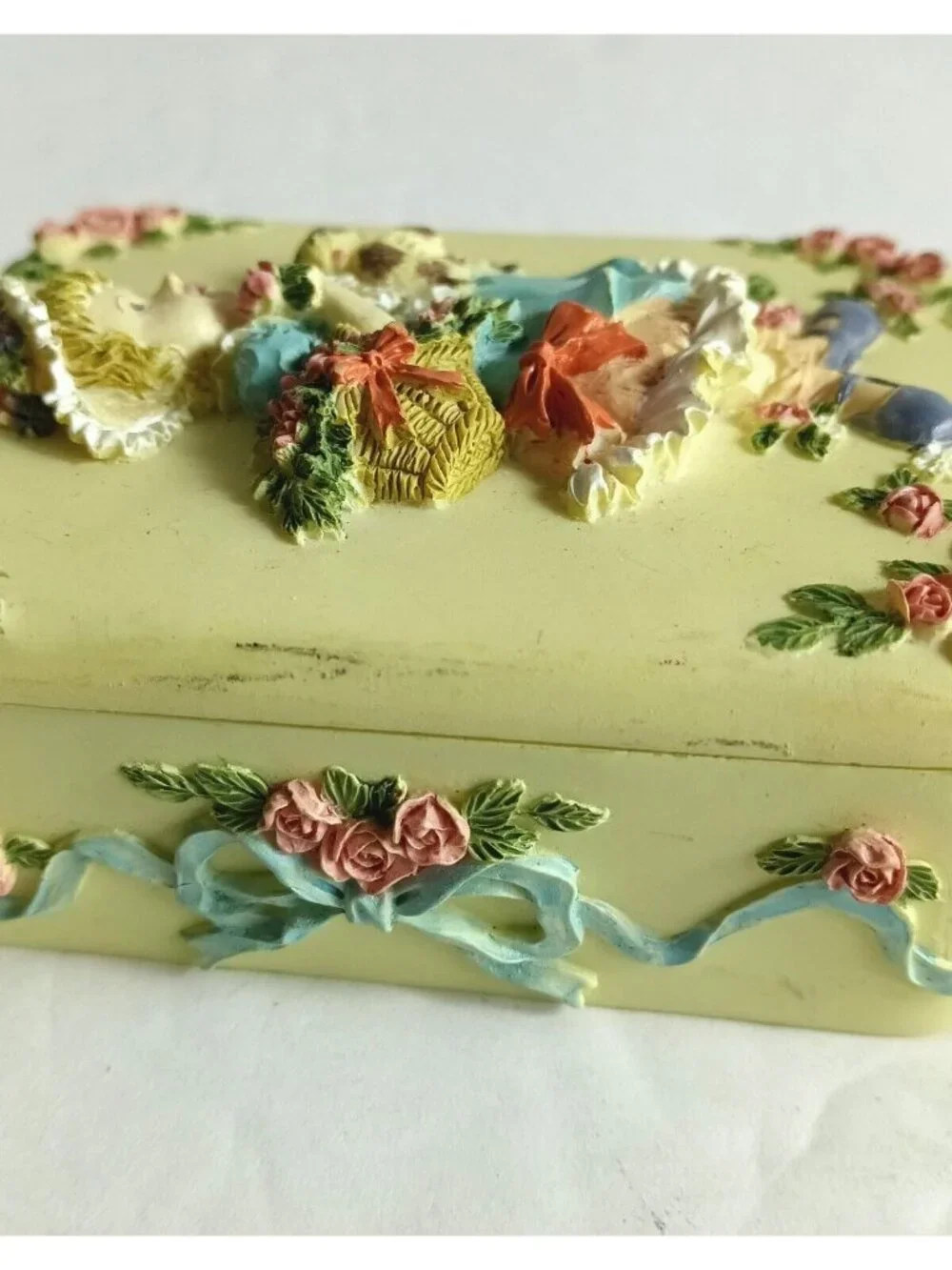 Pair of Vintage Yellow Rectangular Trinket Boxes with Raised Girl & Floral Desig